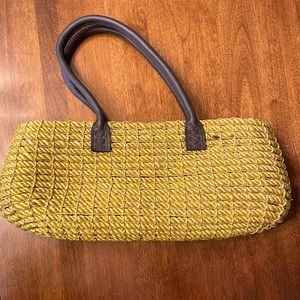Yellow rope purse with faux leather handles (table edge purse hanger included).